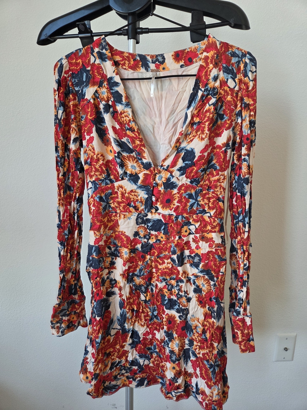 Free People Boho Floral Long Sleeve Button Mini Dress Red Orange Size 2